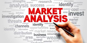 Scritta Market Analysis circondata da altre parole attinenti e sovrastata da una mano con penna